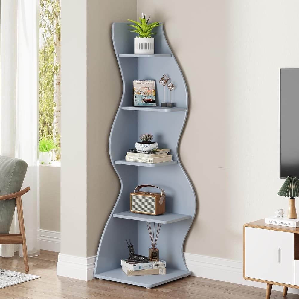 Corner Shelf Bookcase Bookshelf with Unique Shape for Living Room, Home Office