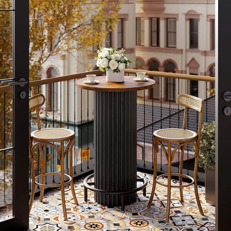 39.4" H Round Bar Table with Metal Footrest, Small Pub Cocktail Tables for Dining, Cafe, Living Room, Apartment, Balcony - Brown Black