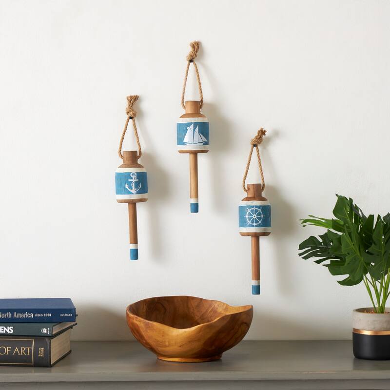 Blue Wood Anchor, Sailboat, and Ship Wheel Buoy Home Wall Decor with Hanging Rope (Set of 3) - Blue