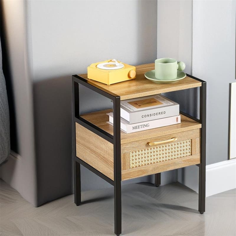 Modern Nightstand with Drawer and Metal Legs - Natural