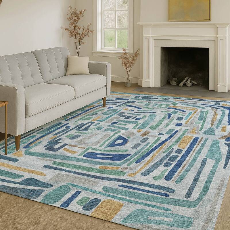 Machine Washable Indoor/ Outdoor Global Geo Chantille Rug