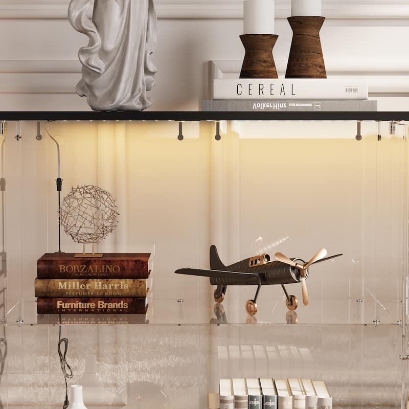 Black Bookcase Glass Display Cabinet with LED Lights, Modern Storage Showcase for Bags, Shoes, Liquor & Collectibles