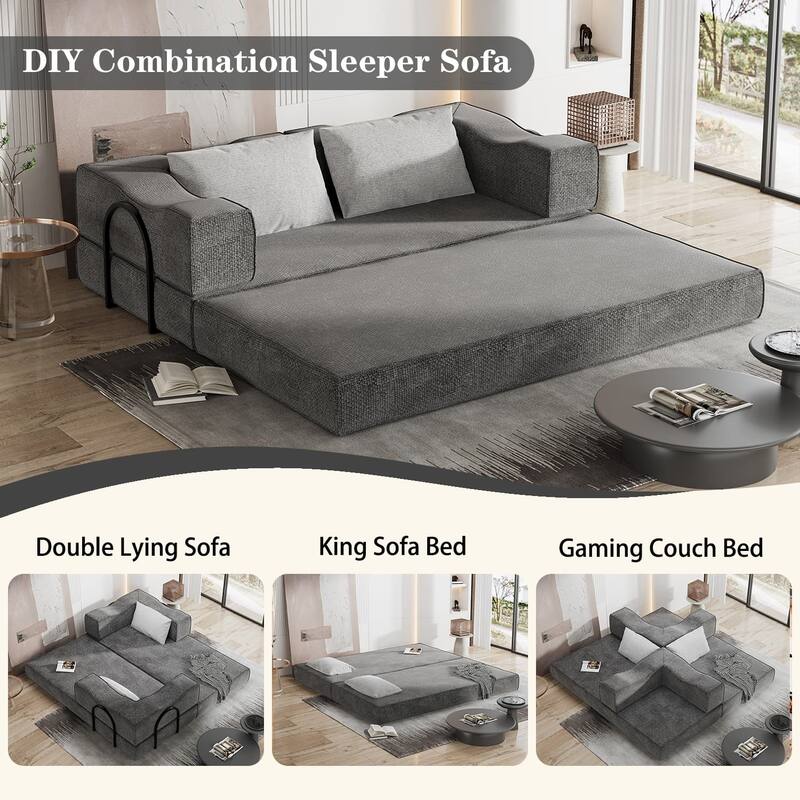 80" Convertible Couch Bed with Removable Cushions and Pillows, 3-Seat Folding Floor Couch & King Size Bed Mattress