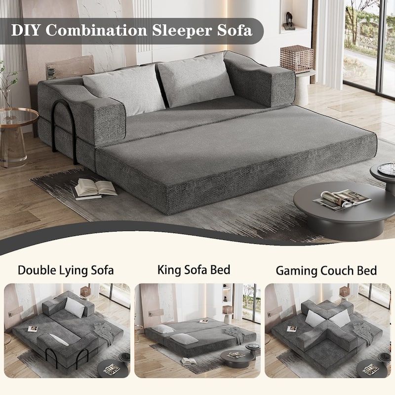 80" Convertible Sofa Bed with 2 Pillows, 2-Seat Folding Floor Couch, Multifunctional Chenille Loveseat Living Room Sleeper Sofa