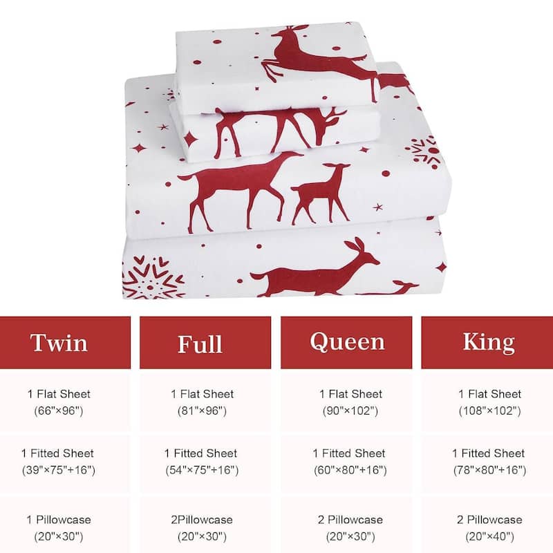 Christmas Soft Red Reindeer Bed Sheets Set with 16 Inches Deep Pocket