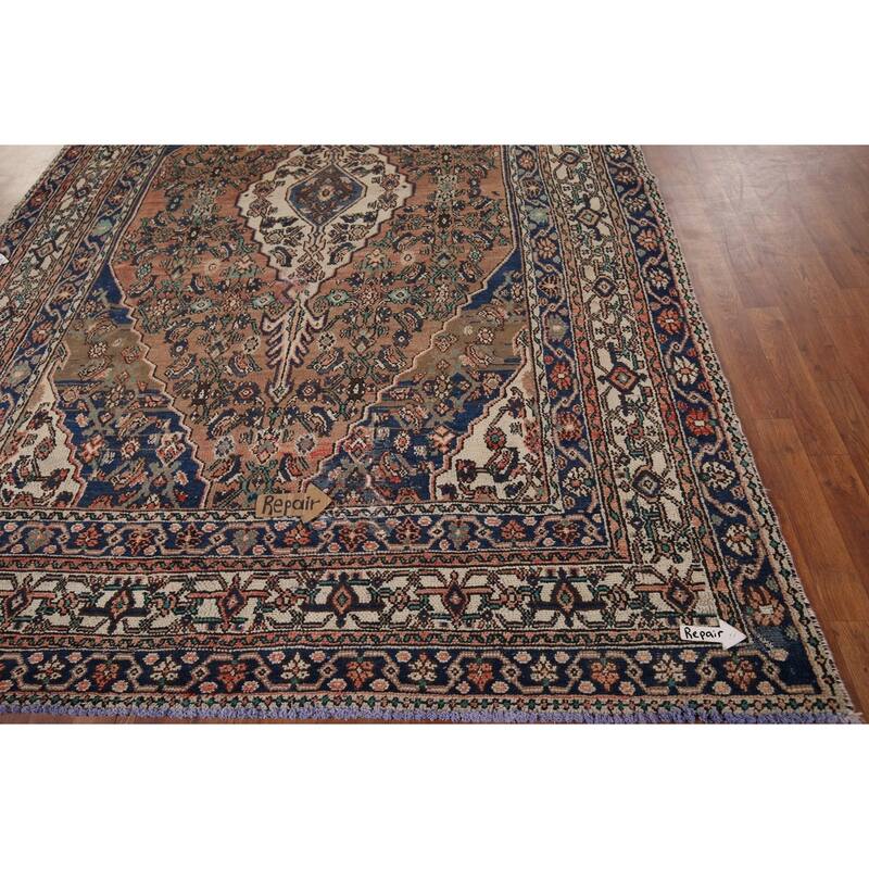 Geometric Hamedan Vintage Persian Area Rug Hand-Knotted Wool Carpet - 7'2" x 10'4"