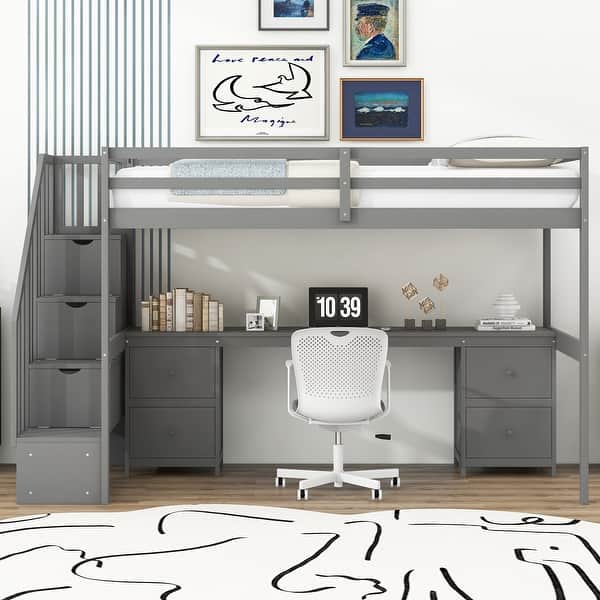 slide 2 of 38, Twin Size Loft Bed wBuilt-in Desk, Storage Stairs, 2 Drawers and Shelves, Wooden Bedframe High Loft Platform Bed for Kids Teens Gray - Twin