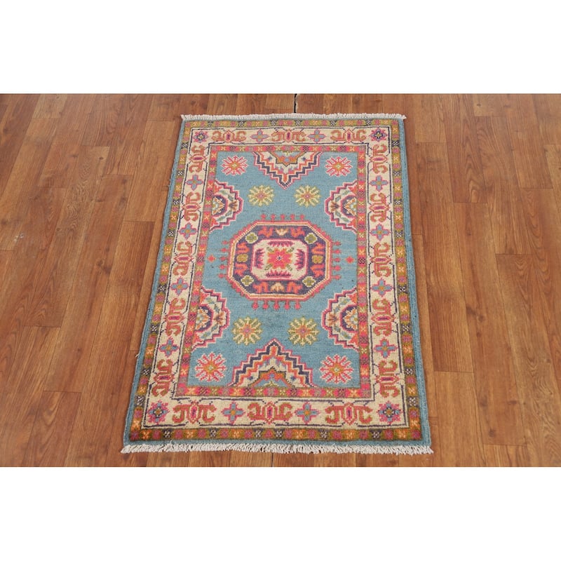 Light Blue Geometric Kazak Foyer Rug Traditional Handmade Wool Carpet - 2'0" x 3'0"