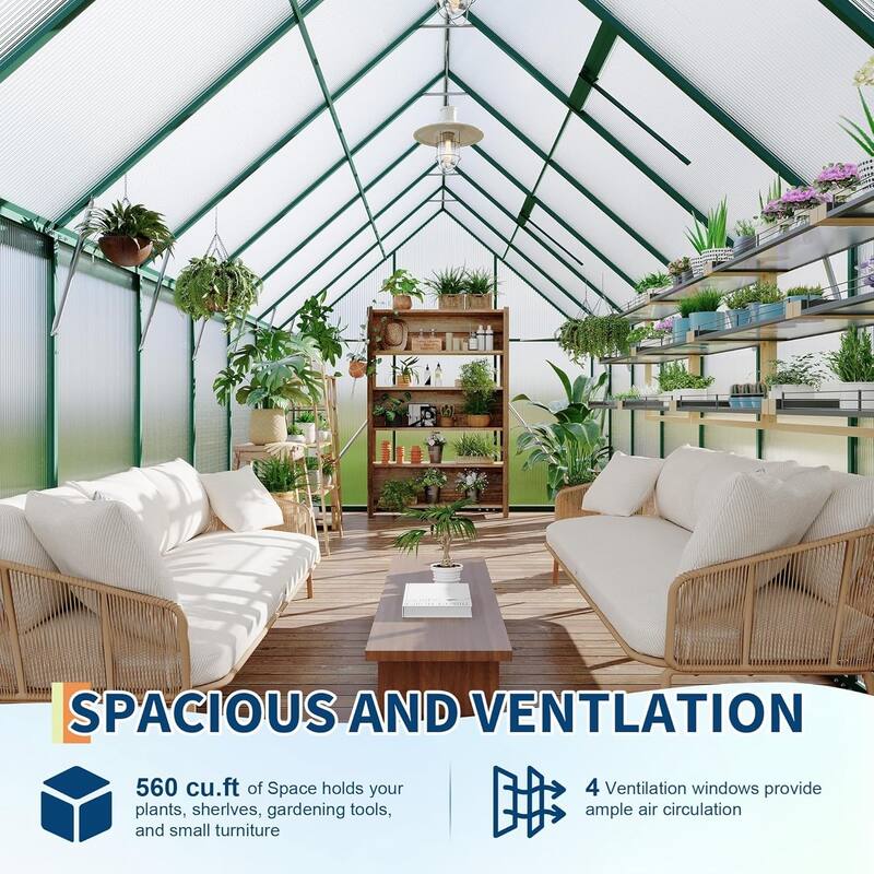 8x16 Ft Walk-In Polycarbonate Greenhouse With Ventilation And Rain Gutters,Green - 8*16FT