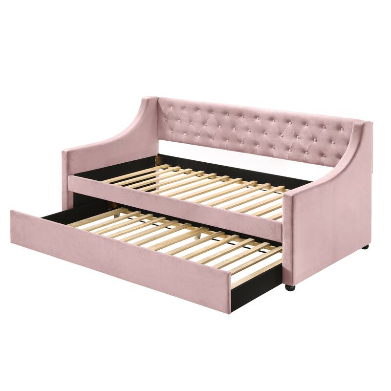 Pink Twin Size Button-tufted Velvet Upholstered Daybed with Twin Size Trundle for Bedroom