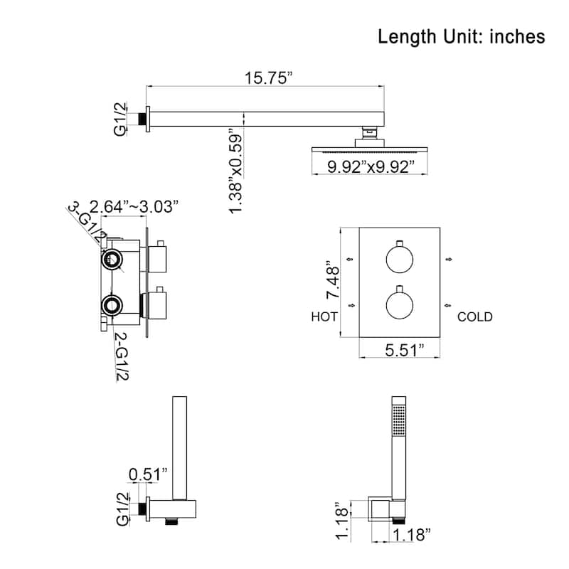 12" Wall Mounted Rain Shower Head Systems with Hand Shower