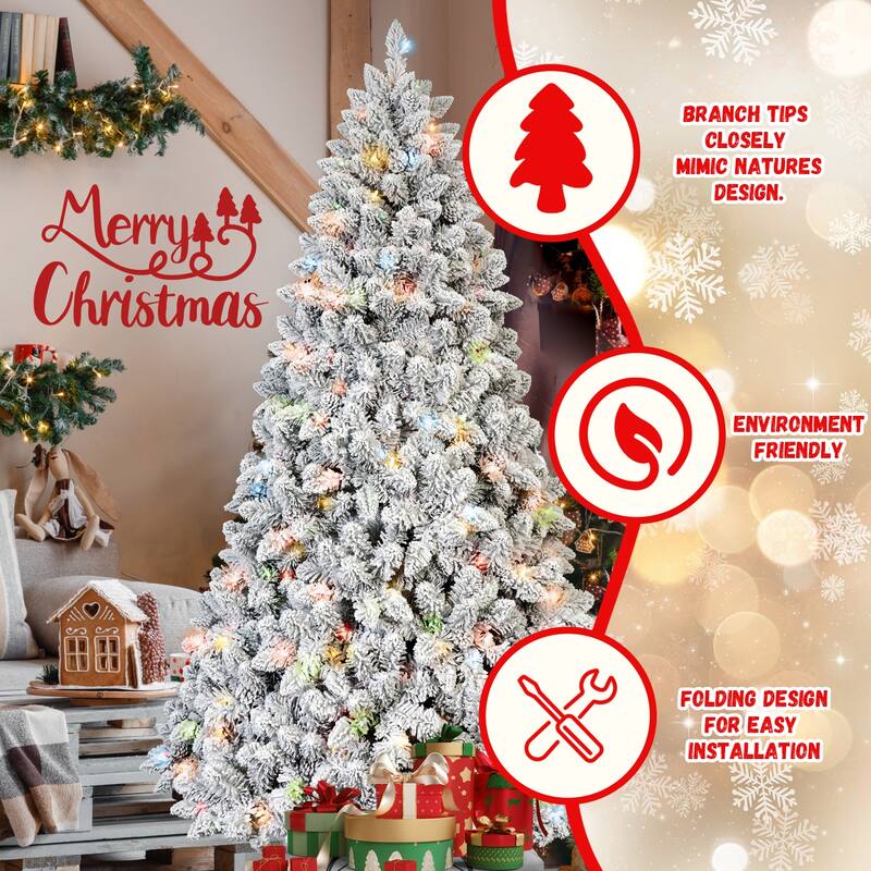 6FT Flocked Christmas Tree with 350 Colorful UL Lights and 36 Natural Pine Cones-888 Snowy PVC Tips, Hinged Branches