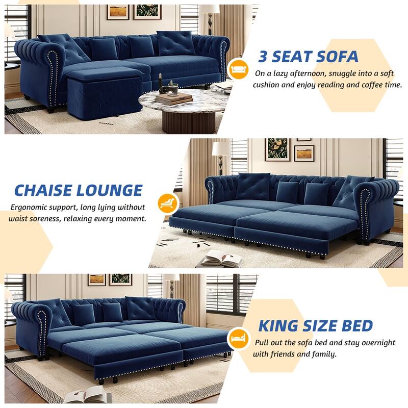 3-in-1 Pull-Out Sofa Bed, Convertible Sleeper Sofa, Chaise Lounge Sofa, Velvet 3-Seater Sofa with Movable Ottoman