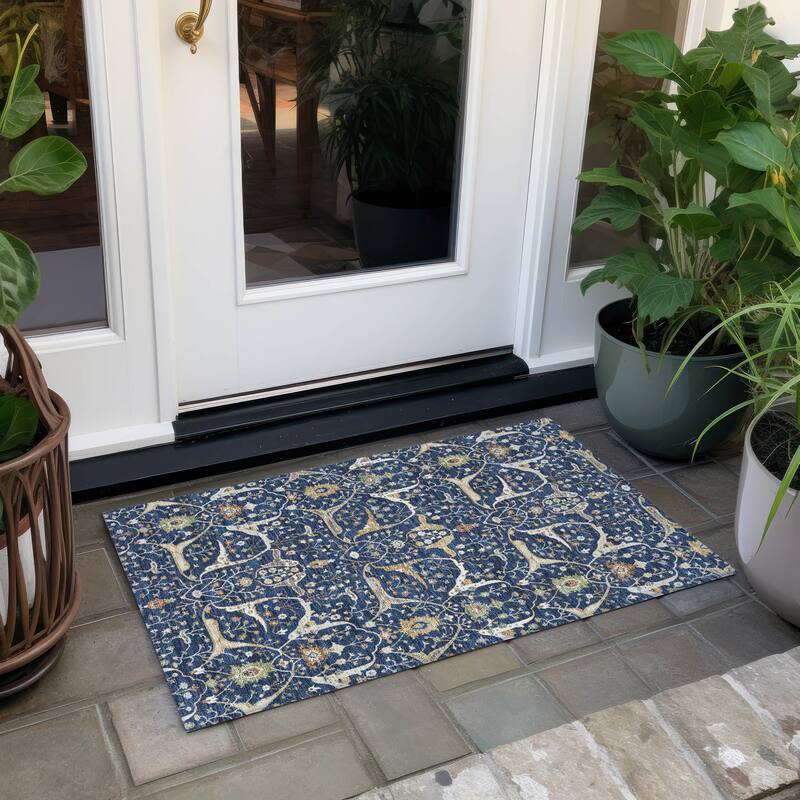 Machine Washable Indoor/ Outdoor Traditional Persian Chantille Rug - Navy - 1'8" x 2'6"