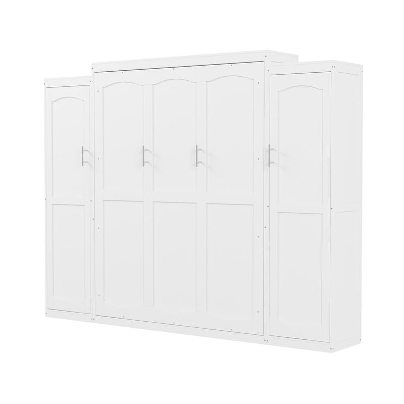 Full Size and Queen Size Murphy Bed, Wooden Queen Wall Bed with 2 Wardrobe and Storage Shelf