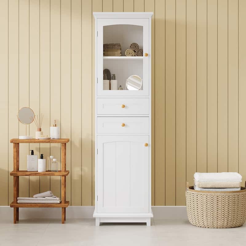 GDFStudio - Mary Tall Bathroom Storage Cabinet with Glass Doors, Drawers, and Adjustable Shelves
