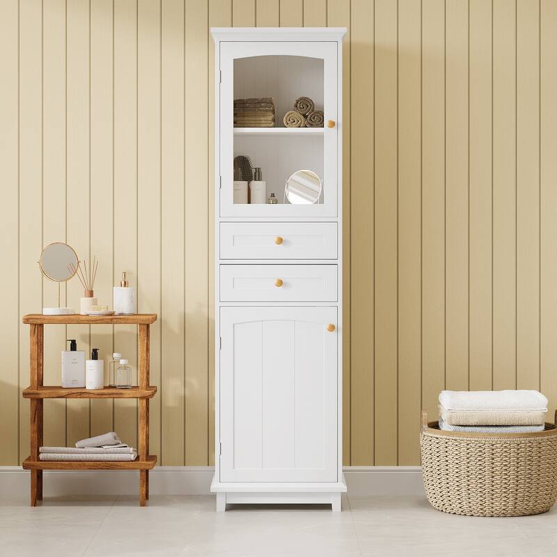 Tall Bathroom Storage Cabinet with Glass Doors and Adjustable Shelves - White