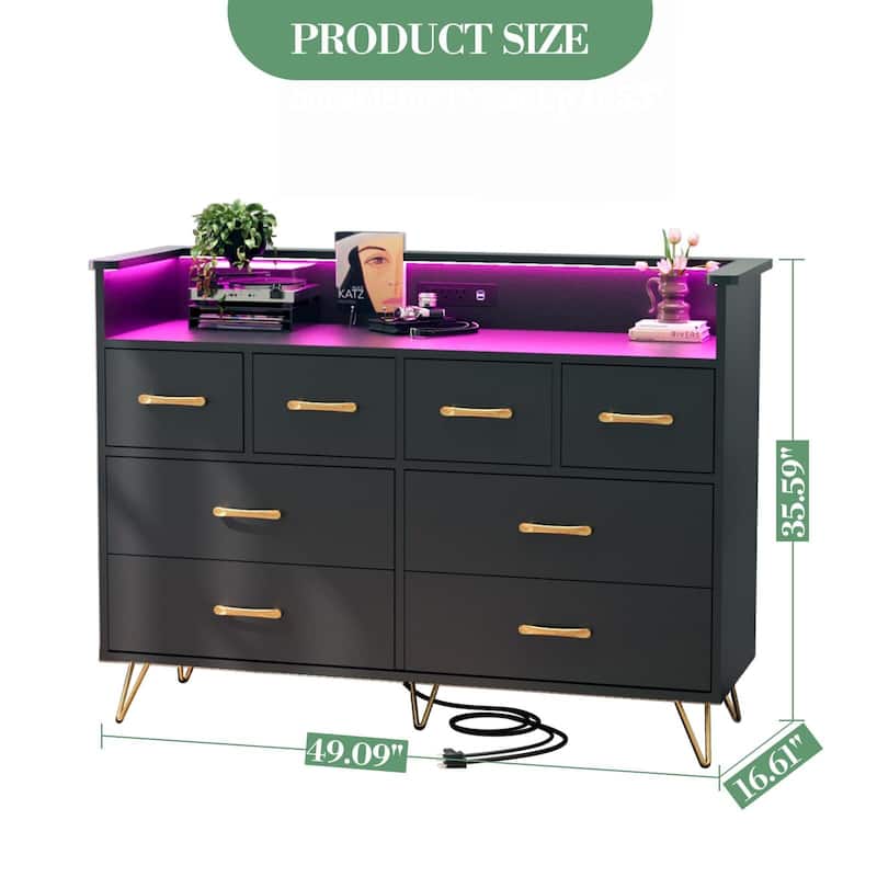 8 Drawer Wood Dresser, with Power Outlet and LED Lights