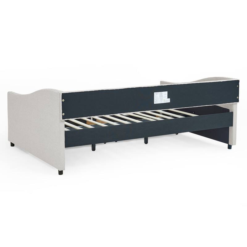 Linen Upholstered Daybed with 2 Drawers, Button-Tufted Backrest & Copper Nail Decoration