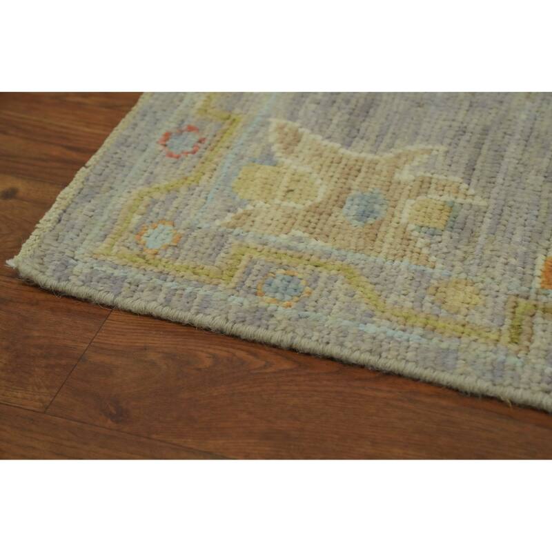 Vegetable Dye Gray Oushak Turkish Runner Rug, Floral Geometric Carpet - 9' 11'' X 2' 7''