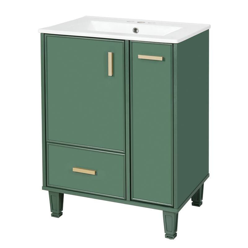 Bathroom Vanity with Ceramic Sink, Freestanding Bathroom Cabinets with Door Shelf, Deep Drawer & 2-Tier Pull-Out Baskets