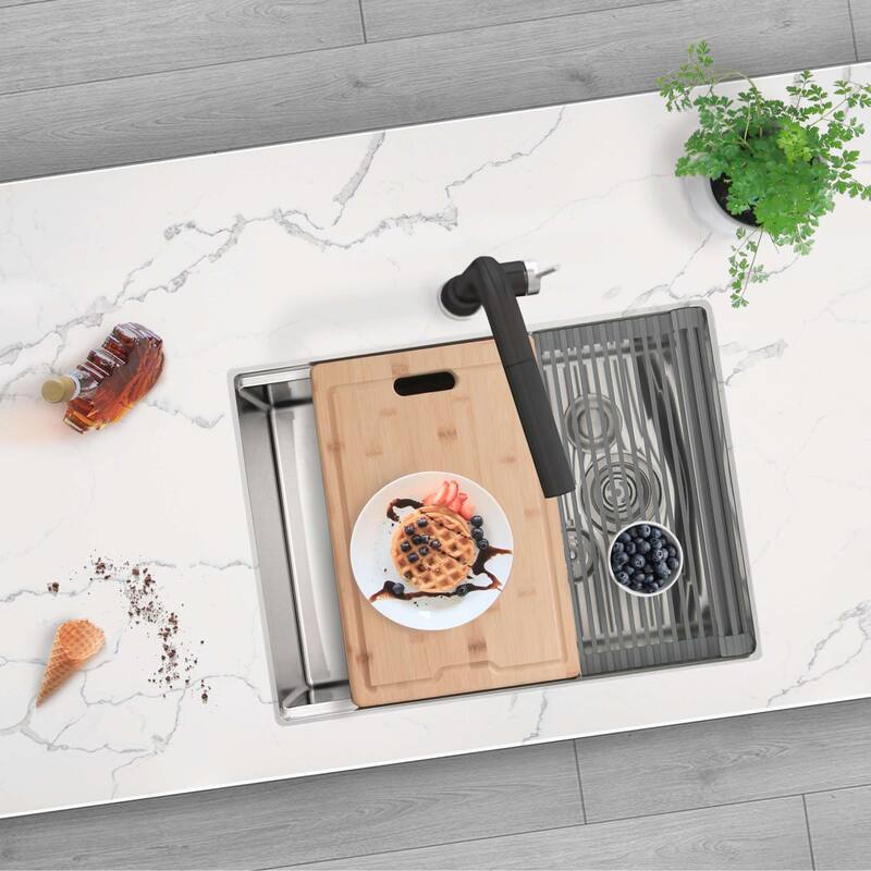 STYLISH 25 inches Workstation Single Bowl Undermount 16 Gauge Stainless Steel Kitchen Sink with Built in Accessories Handmade - Brushed Stainless Steel