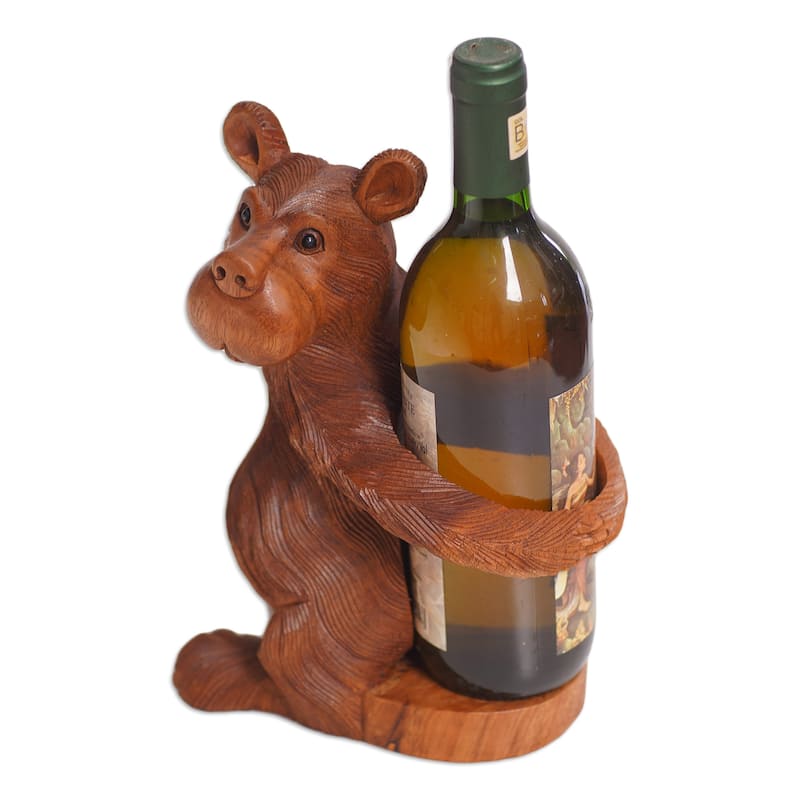 Novica Handmade Bear Hug Wood Wine Bottle Holder