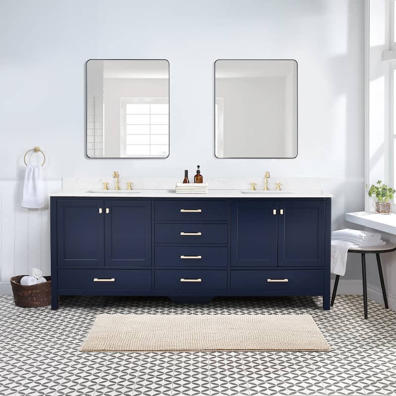 StarrySky 84 inch Undermount Double Sink Bathroom Vanity with Engineered Carrara Marble Top - Blue
