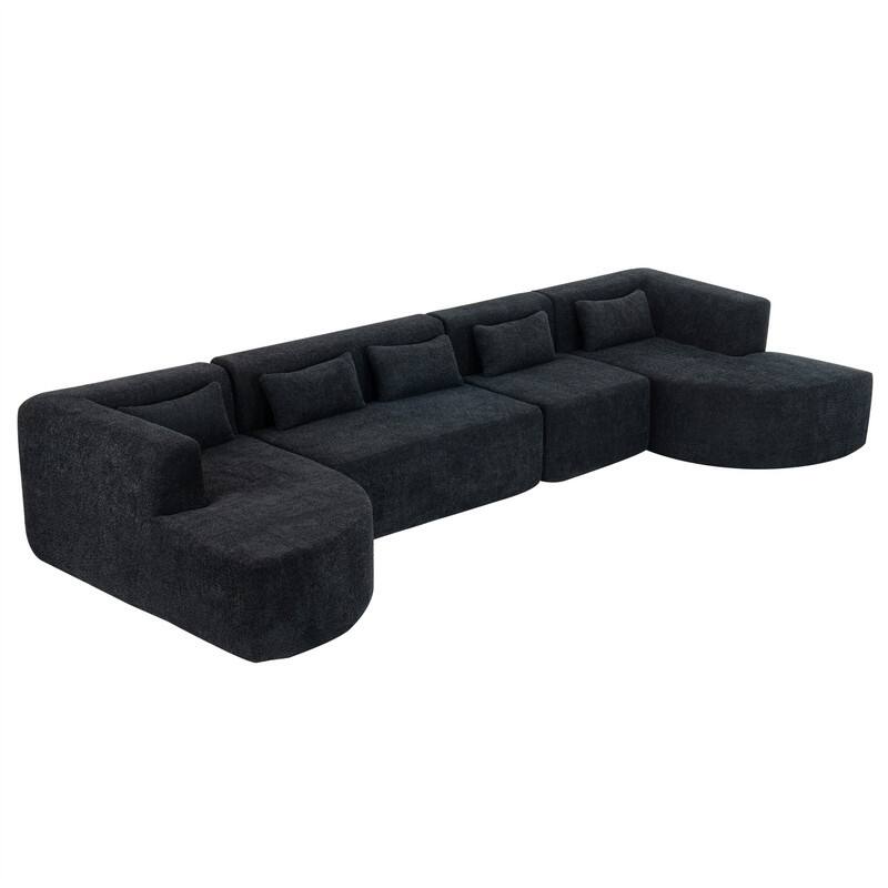 Convertible Sectional Sofa with 2 Curved Chaise Lounges, 143.7" Upholstered Sofa Free-combined Sofa Couch with 5 Back Pillows