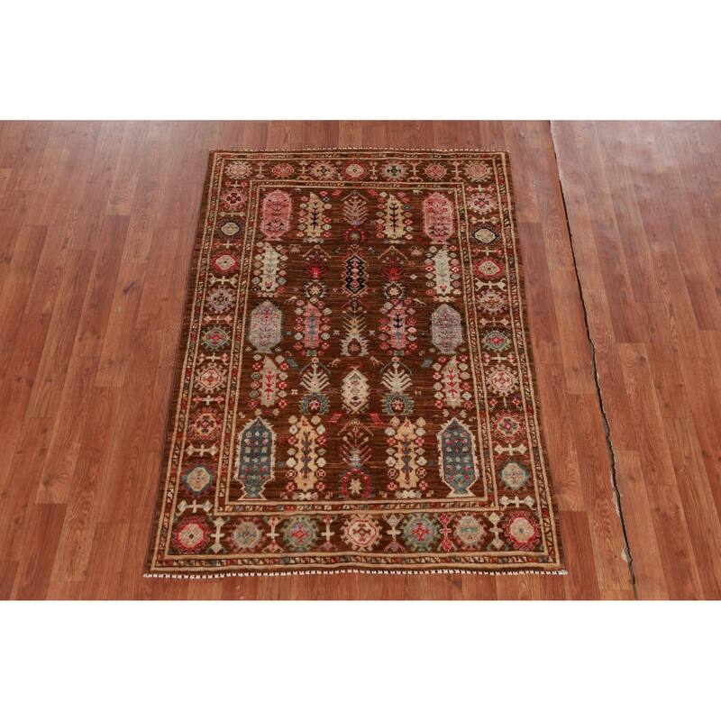 Hand Knotted Oriental 100% Wool Carpet Transitional Geometric Brown Oushak Area Rug - 4' 10'' X 3' 5''