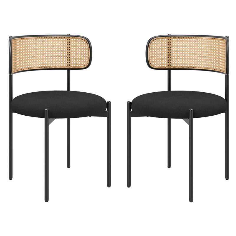 Mid-Century Modern Dining Chairs Upholstered Dining Chairs with Rattan Backs and Metal Legs, for Dining Rooms, 2-Piece Set - Black