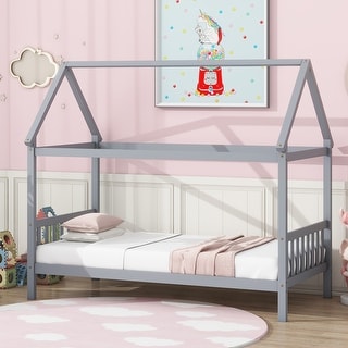 Twin Size Solid Wood House Frame Platform Bed, with Headboard and Footboard, with Underbed Storage Space, Minimalist Kids Bed