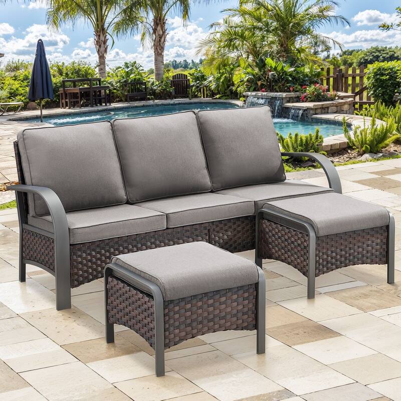 Outdoor Sofa Patio Furniture Set - Brown Rattan - Grey Cushion - 3PCS Sofa with Ottoman