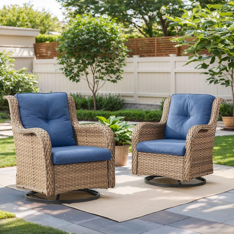 779657388297 Outdoor Swivel Glider Chairs with 4Inch 5Inch 6Inch Cushion - Yellow Wicker Blue Cushion - 2 Pieces Swivel Chair with 4 Inch Cushion