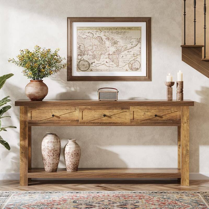 70.9” Extra Long Console Table with 3 Drawers, Farmhouse Entryway Table with Storage Shelf