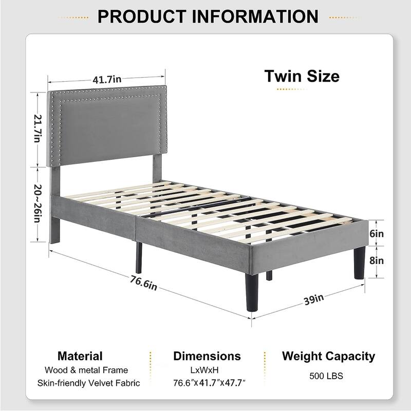 2 Pcs Upholstered Twin Size Platform Bed with Adjustable Headboard Double Riveted Headboard Twin Size Platform Bed
