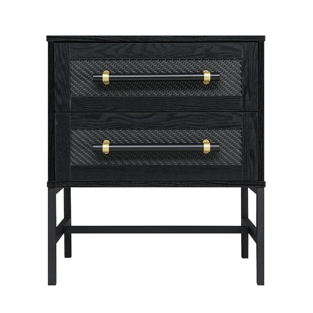 Hopper Studio Sophia 2-Drawer Nightstand in Matte Black with Textured Front, Oversized Pulls, and Sleek Black Metal Base