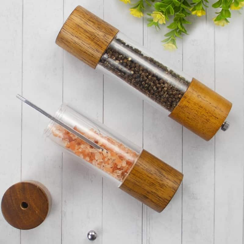 Acrylic and Rubber Wood Salt and Pepper Grinder Set Stylish Modern Kitchen Spice Mills - 5.2x20.3 cm