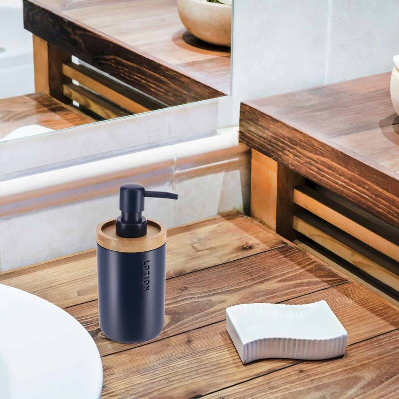 Elegant Soap Dispenser - Polyresin and Bamboo Design, Refillable Liquid Pump - 3 L x 3 W X 7 h