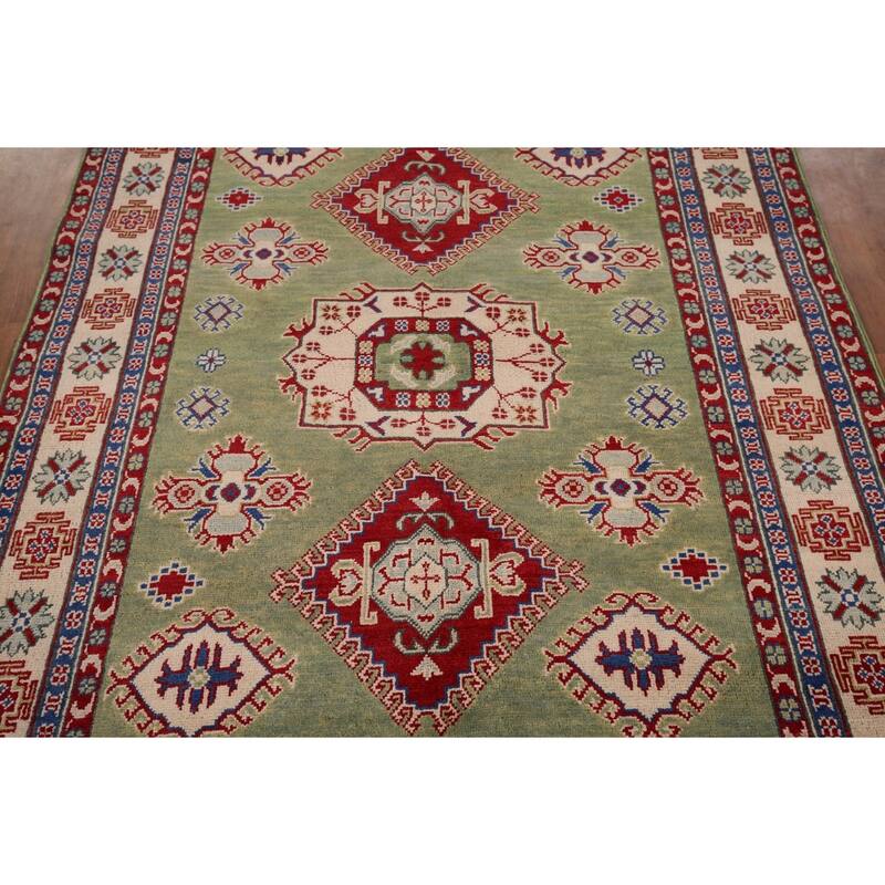Green Geometric Kazak Area Rug Hand-Knotted Wool Carpet - 4'10" x 6'8"