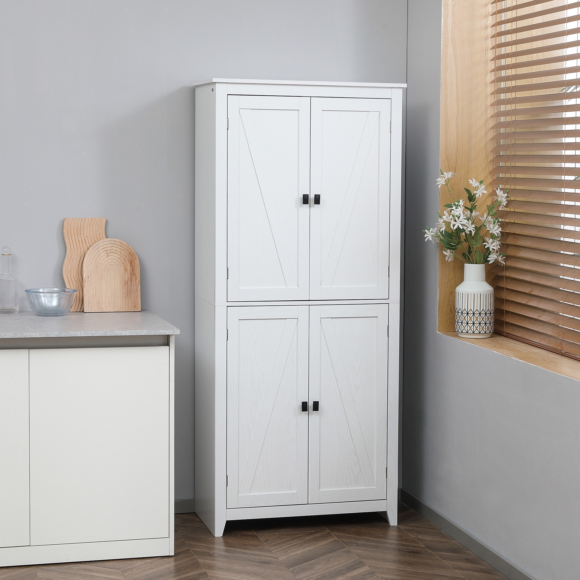 HOMCOM 64 4-Door Kitchen Pantry, Freestanding Storage Cabinet with 3 Adjustable Shelves for Kitchen, Dining or Living Room, Grey