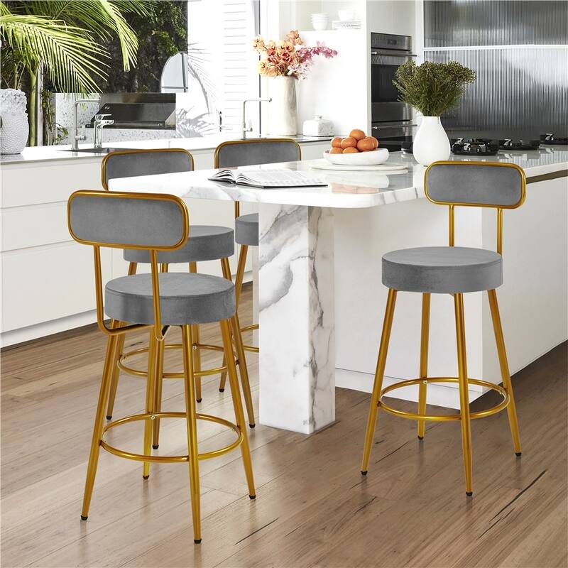 Yaheetech 2pcs Velvet Bar Stools With Gold Legs Counter-height Bar Stools with Backrest and Footrest