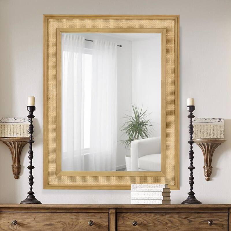 WallBeyond Wooden Framed Rattan Farmhouse Style Rectangle Wall Mirror - 32" X 44"