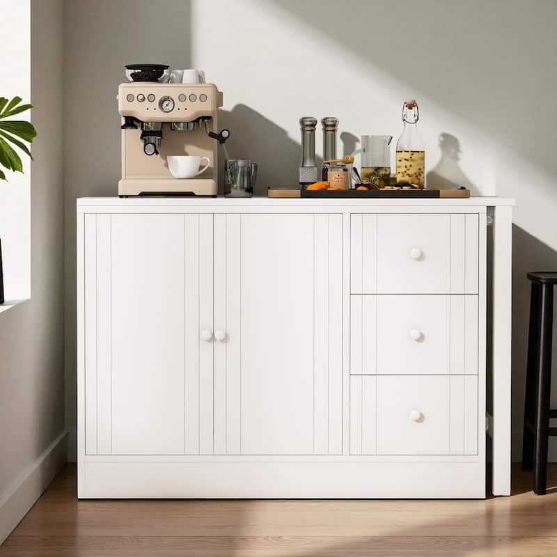 89.7" Wooden Sideboard Buffet Cabinet with Extendable Table, 2 Doors, 3 Drawers, Adjustable Shelf for Kitchen or Living Room - White