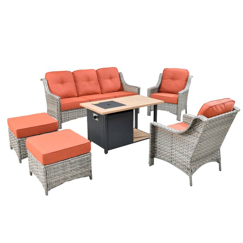 HOOOWOOO 6-piece Wicker Patio Furniture Set with Fire Pit Table