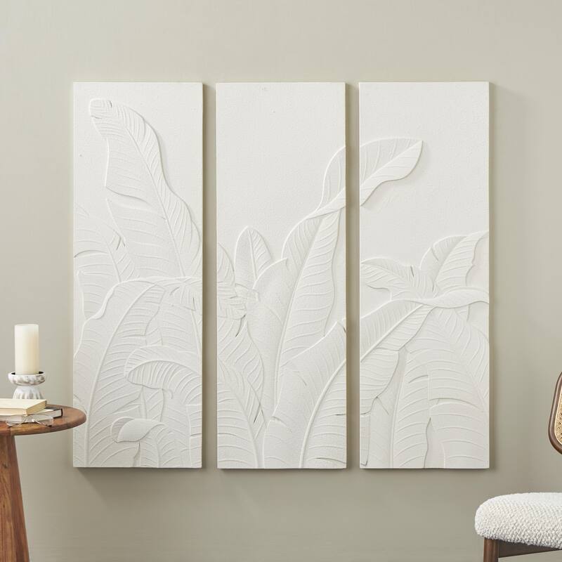 Wood Leaf Dimensional Relief Home Wall Decor with Sandstone Texture - Set of 3 Cream - Roche River Decor