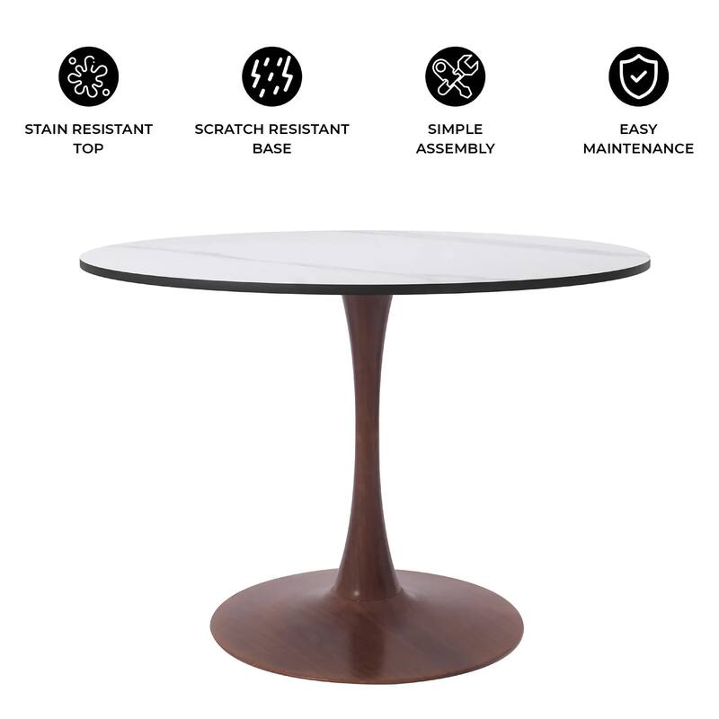 Bristol 40" Round Dining Table with Sintered Stone Top and Walnut Steel Pedestal Base for Modern Kitchen and Dining Room