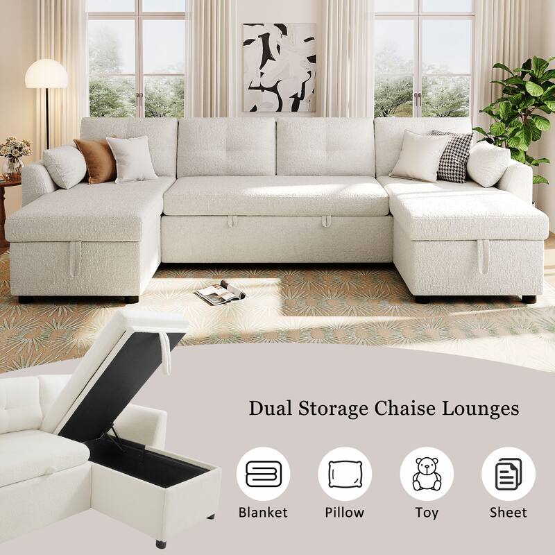 Oversized U-shaped Sectional Sofa with USB Ports, Dual Storage Chaise Lounges Sofa with Pull-out Bed Convertible Sleeper Sofa - Beige - Symmetrical