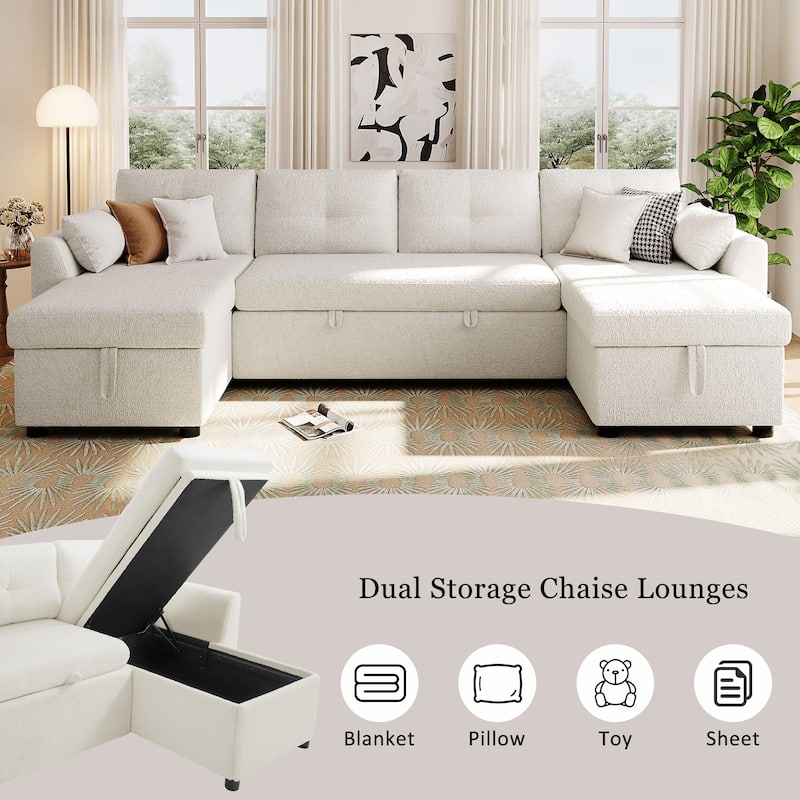Teddy Fabric Sectional Sofa Convertible Sleeper Sofa Modern U-Shaped Couch Dual Storage Chaise Lounge with Pockets and USB Ports