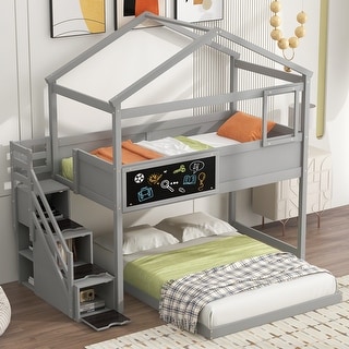 Twin over Full Wooden House Bunk Bed with Storage Staircase and Blackboard - Perfect Kids' Bedroom Furniture